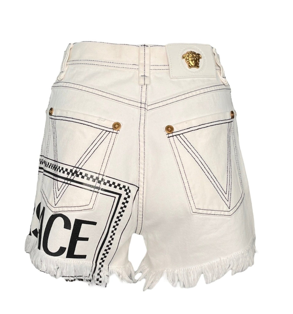 Versace Logo White Denim Cut off Shorts SS19 25 W Pechuga Vintage