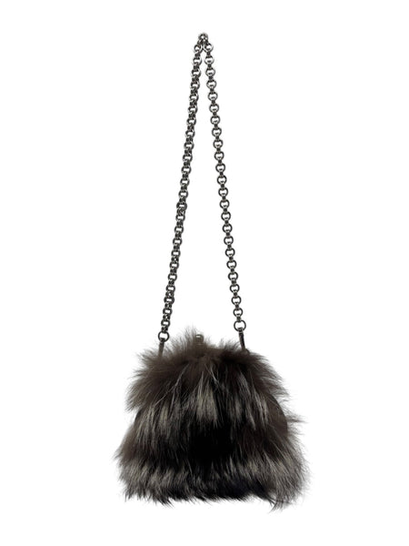 Prada Fox Fur Trim Satin Evening Bag with Chain Strap, OS
