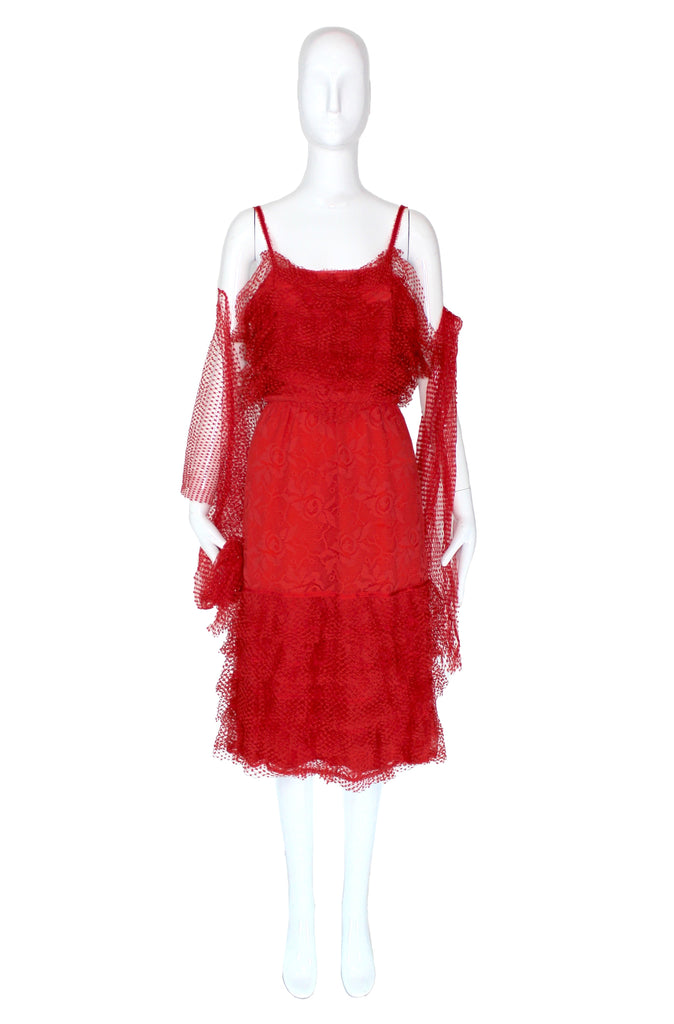 Chlo by Karl Lagerfeld Red Lace Shift Dress with Shawl, SS85, FR 40 / Pechuga Vintage Chlo by Karl Lagerfeld Red Lace Shift Dress with Shawl, SS85, FR 40 / Pechuga Vintage