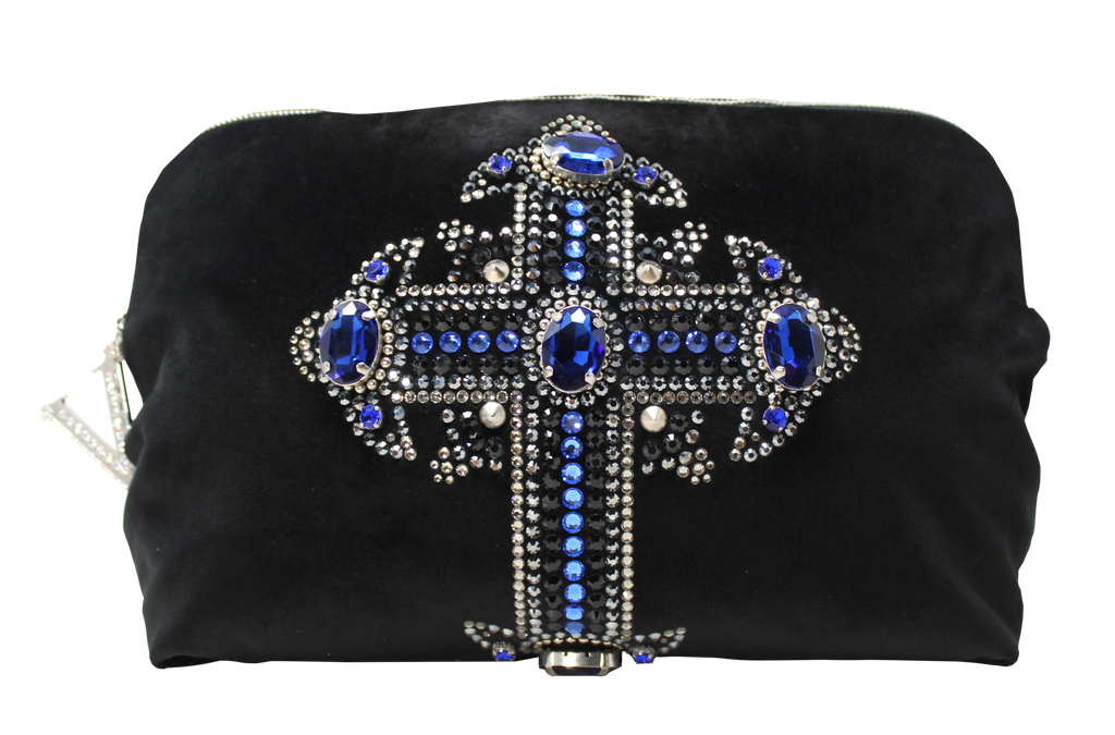 Versace Blue Byzantine Cross, Black Velvet Satchel with Detachable
