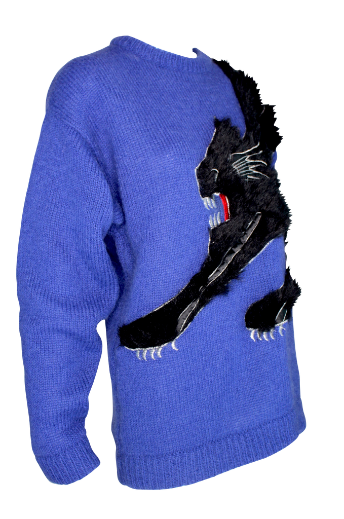 Kansai Yamamoto Cobalt Blue Knit Sweater with Black Panther Appliqué, –  Pechuga Vintage