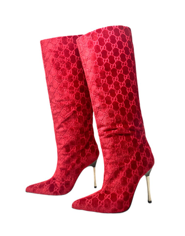 Gucci Monogram Red Velvet Boots, AW97, 36 IT