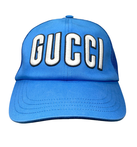 Gucci Blue Trucker Hat with White Logo, Size XL
