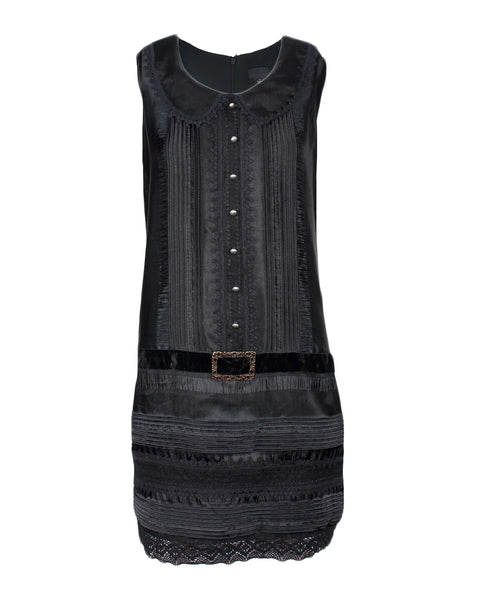 Anna Sui Black Shift Dress with Peter Pan Collar & Velvet Belt, 2019, S
