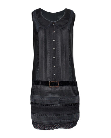 Anna Sui Black Shift Dress with Peter Pan Collar & Velvet Belt, 2019, S