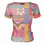Desigual Multicolor Patchwork Print Mesh Top, c.2000's, XS