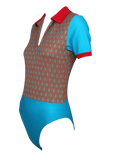 Multicolored swimsuit with patterned top and blue bottom on a white background