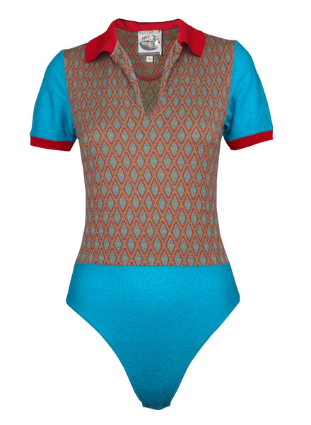 One-piece Coogi with patterned top and solid blue bottom on a white background