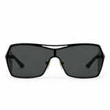 A pair of oversized shield-style sunglasses with a glossy black frame and dark gray lenses, shown from the front on a plain white background.