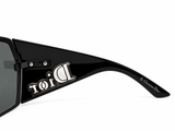 Close-up of a black Dior sunglasses temple arm with a large metallic Dior logo and smaller 'Christian Dior' text on a white background.