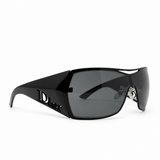 Black wrap-around sunglasses with dark tinted lenses and a Dior logo on the temple arm, shown on a white background.