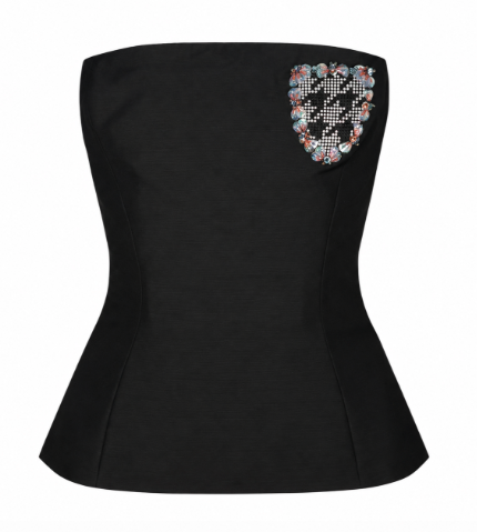 A Dior black strapless corset-style top with a decorative multicolor beaded crest on the upper back, shown against a plain white background.