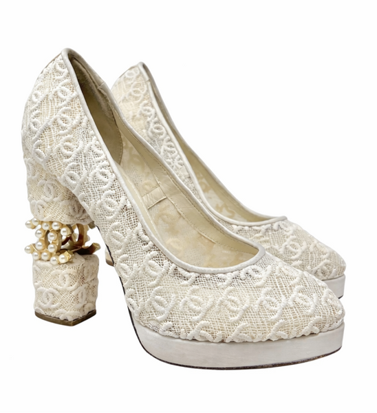 Chanel Ivory CC Lace Sample Platform Pumps, SS08, 38 EU