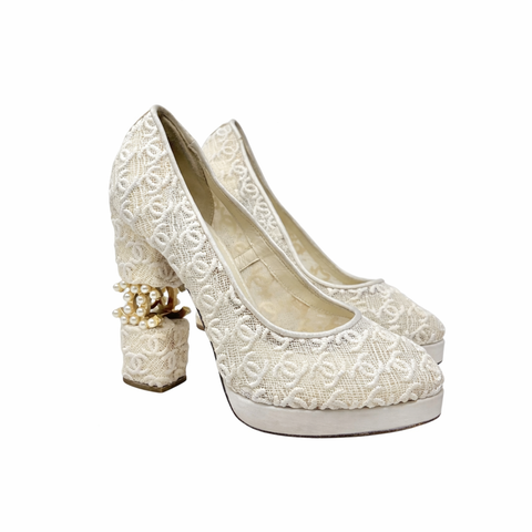 Chanel Ivory CC Lace Sample Platform Pumps, SS08, 38 EU