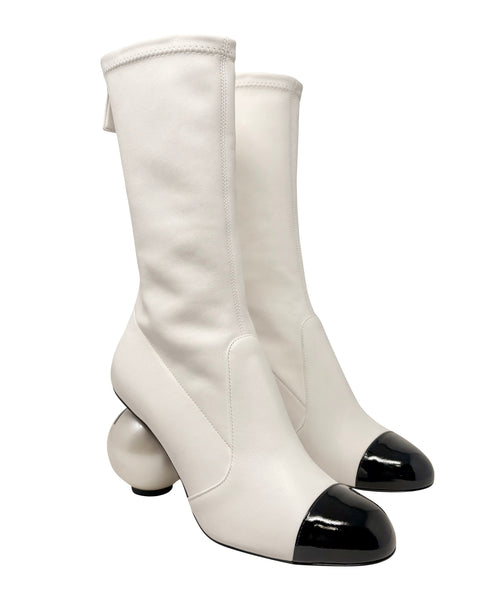 Chanel B&W Leather Cap-Toe CC Pearl Heel Boots, AW25, 38 EU