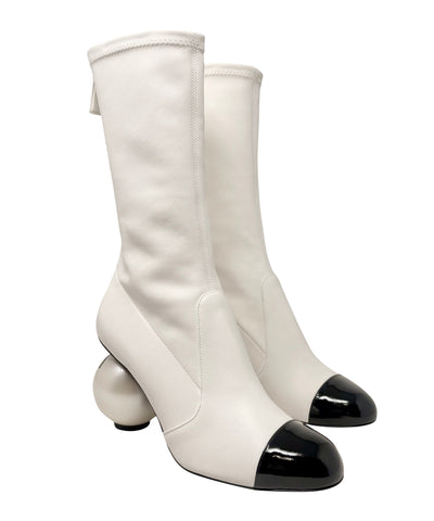 Chanel B&W Leather Cap-Toe CC Pearl Heel Boots, AW25, 38 EU
