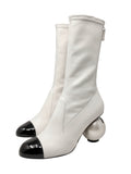 Chanel B&W Leather Cap-Toe CC Pearl Heel Boots, AW25, 38 EU