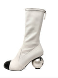 Chanel B&W Leather Cap-Toe CC Pearl Heel Boots, AW25, 38 EU