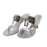 Christian Dior Silver Metallic Leather T-Strap Heeled Sandals, SS05, 38 EU