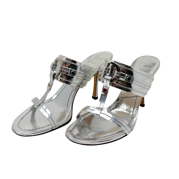 Christian Dior Silver Metallic Leather T-Strap Heeled Sandals, SS05, 38 EU