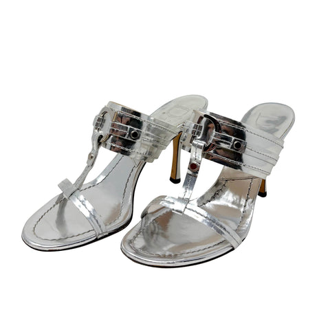 Christian Dior Silver Metallic Leather T-Strap Heeled Sandals, SS05, 38 EU