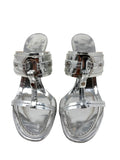 Christian Dior Silver Metallic Leather T-Strap Heeled Sandals, SS05, 38 EU