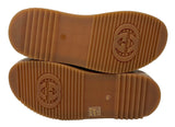 A pair of brown rubber shoe soles shown from the bottom, featuring a ribbed tread pattern and embossed interlocking G logo, indicating Gucci branding.