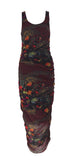 JPG Soleil Burgundy Floral Ruched Mesh Maxi Dress, c.90's, XL