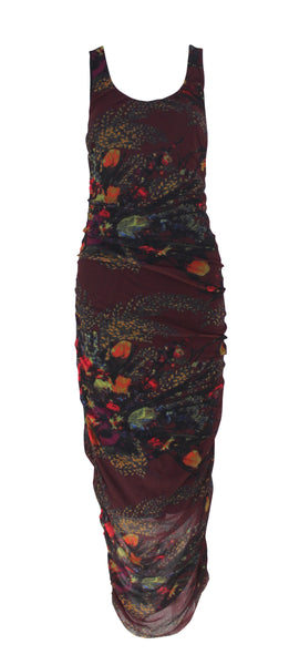 JPG Soleil Burgundy Floral Ruched Mesh Maxi Dress, c.90's, XL