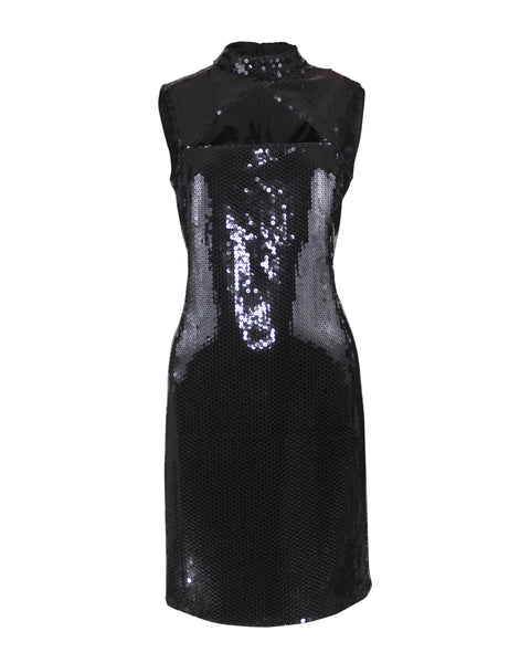 Jeremy Scott Black Sequin Mock Neck Cutout Mini Dress, c.2000's, 10 US
