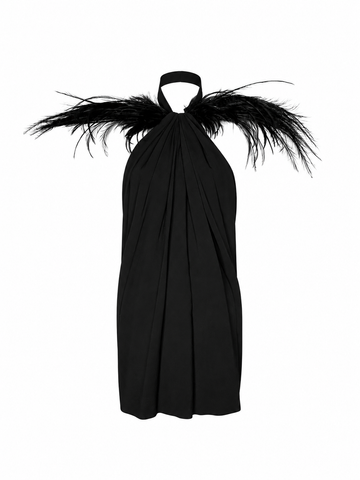 Saint Laurent Black Feather-Trim Draped Halter Mini Dress, SS18, FR 36