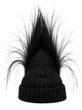 A black ribbed knit beanie hat featuring a tall, dramatic black hair-like or feather-like mohawk and side wisps on a plain white background.