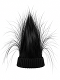 A black knit hat featuring a tall, pointed top covered in long, wispy black hair or faux fur, photographed against a plain white background.