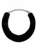 A chunky collar necklace featuring a thick, black faux-fur textured band connected by a silver-tone ball chain, shown against a plain white background.