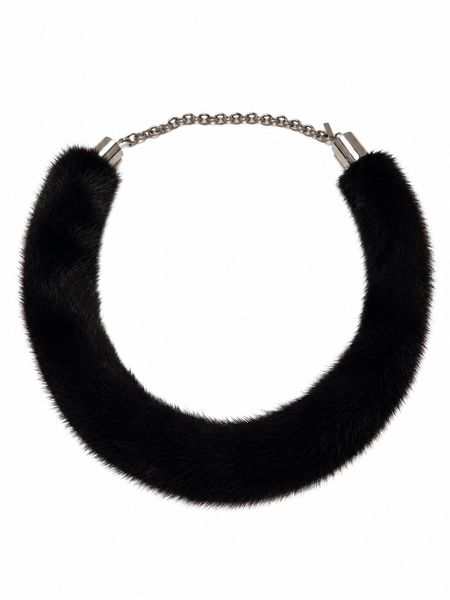 A chunky collar necklace featuring a thick, black faux-fur textured band connected by a silver-tone ball chain, shown against a plain white background.
