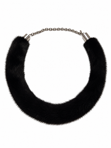 A chunky collar necklace featuring a thick, black faux-fur textured band connected by a silver-tone ball chain, shown against a plain white background.