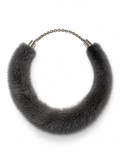 A dark gray faux fur collar necklace with a silver ball chain and silver metal end caps, shown on a plain white background.