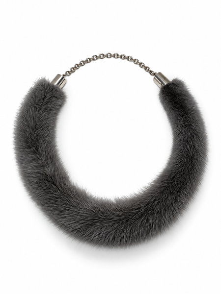 A dark gray faux fur collar necklace with a silver ball chain and silver metal end caps, shown on a plain white background.