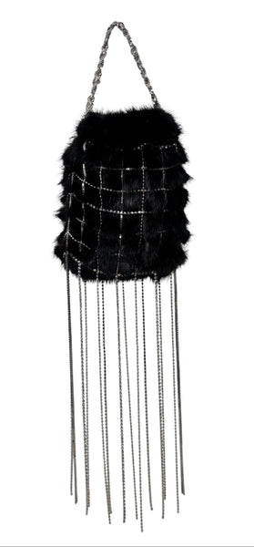 Dolce & Gabbana Black Rabbit Fur Purse with Crystal Grid, c. 2000's 