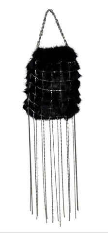 Dolce & Gabbana Black Rabbit Fur Purse with Crystal Grid, c. 2000's 
