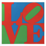 A square art print featuring the word 'LOVE' in bold, layered geometric shapes of red, blue, and green on a white background.