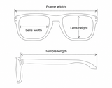 A black-and-white line drawing of eyeglasses with measurement labels indicating frame width, lens width, lens height, and temple length.
