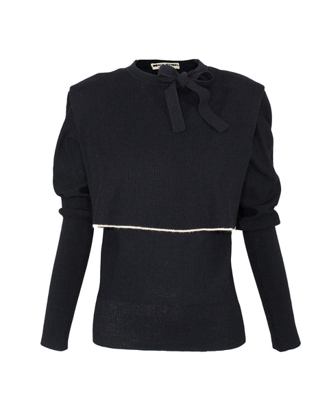 Sonia Rykiel Black Wool Knit Pullover with Neck Bow, S