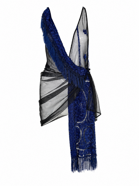Roberto Cavalli Cobalt Blue Lace and Black Sheer Mesh Fringe Dress, SS12?,