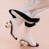 Chanel B&W Leather Cap-Toe CC Pearl Heel Boots, AW25, 38 EU