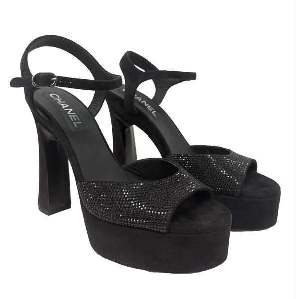 Chanel Black Suede Crystal-Embellished Platform Sandals, 39.5 EU