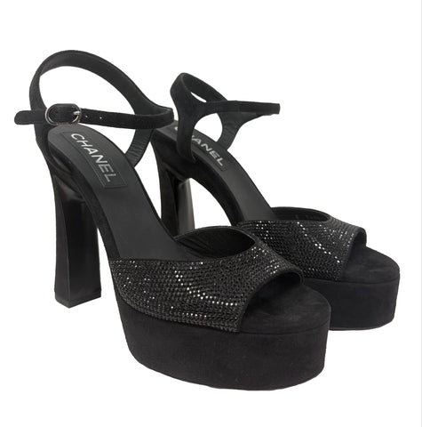 Chanel Black Suede Crystal-Embellished Platform Sandals, 39.5 EU