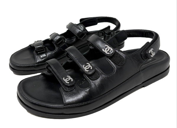 Chanel Black Lambskin Triple-Strap CC Sandals, 2024, 39.5 EU