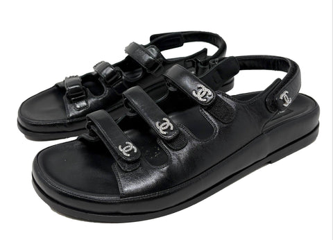 Chanel Black Lambskin Triple-Strap CC Sandals, 2024, 39.5 EU