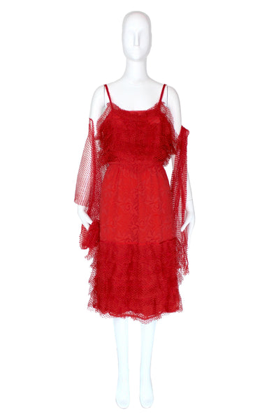 Chloé by Karl Lagerfeld Red Lace Shift Dress with Shawl, SS85, FR 40 / US 6